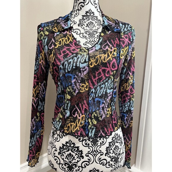 Vtg Y2K Self Esteem Large Art To Wear Fairy Graffiti Whimsigoth Mesh Cropped - Picture 1 of 12